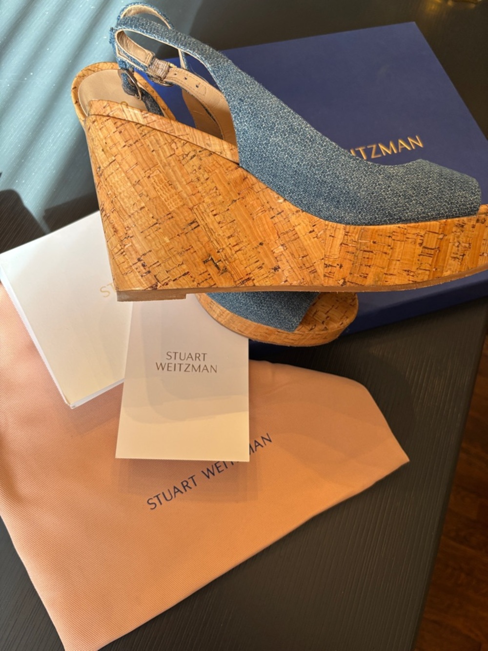 Stuart Weitzman Denim Blue Cork Wedge Slingback Sandals